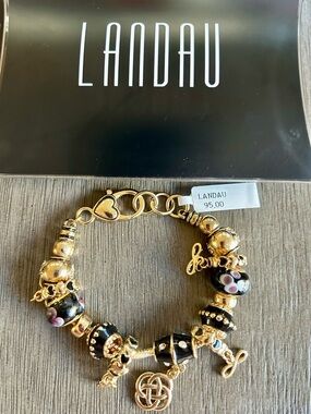 Landau Gold Charm Bracelet with Black & gold Beads and Floral Accents